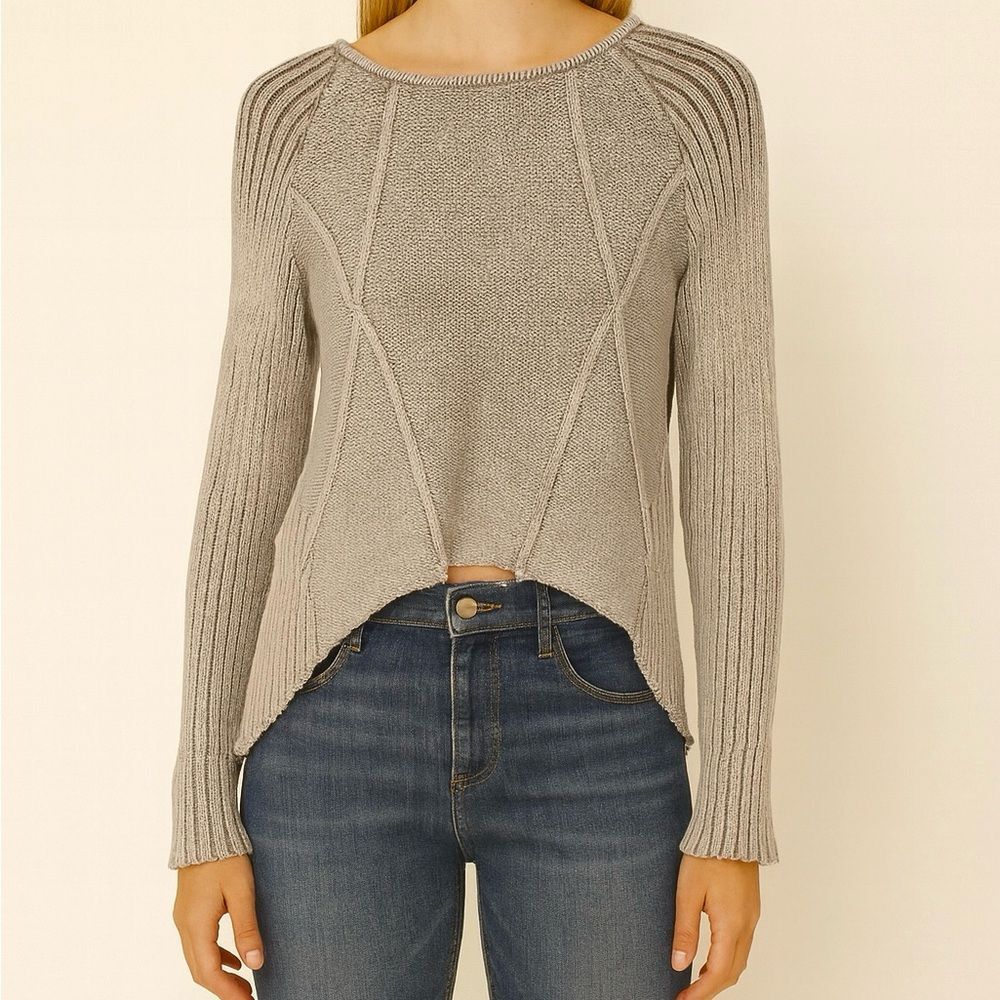 Taupe Beige Cable Knit Sweater. Distressed Raw Hem - Cropped Pullover size Large